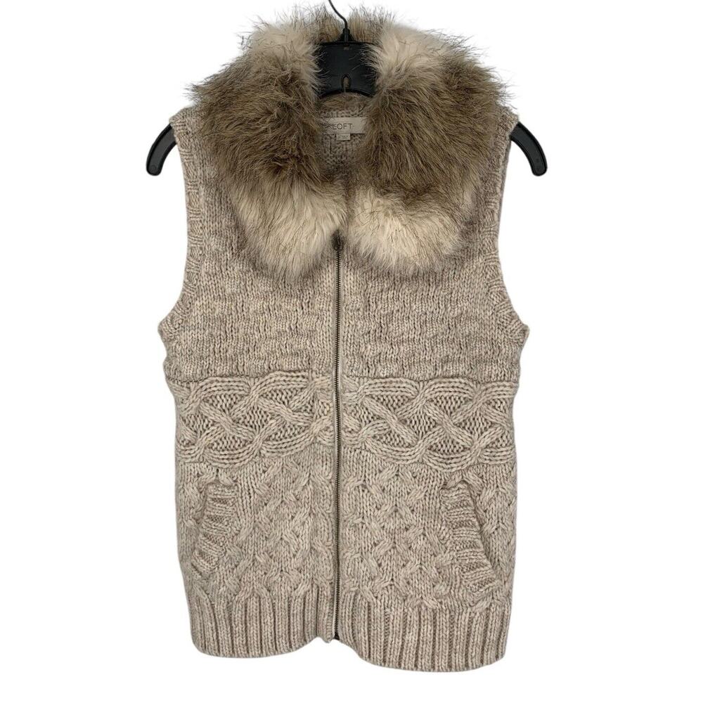 Loft Cable Knit Sweater Vest Wool Blend Faux Fur Collar Zip Up Pockets Brown M